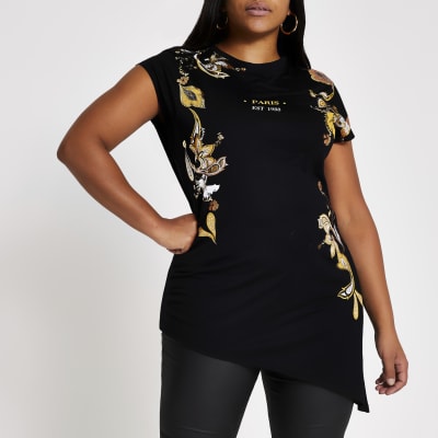 Plus black paisley asymmetric hem T-shirt