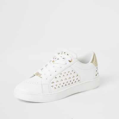 White cutout lace-up trainers