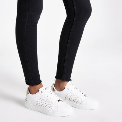 White cutout lace-up trainers