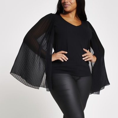 Plus black pleated sleeve V neck top
