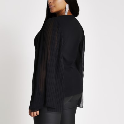 Plus black pleated sleeve V neck top