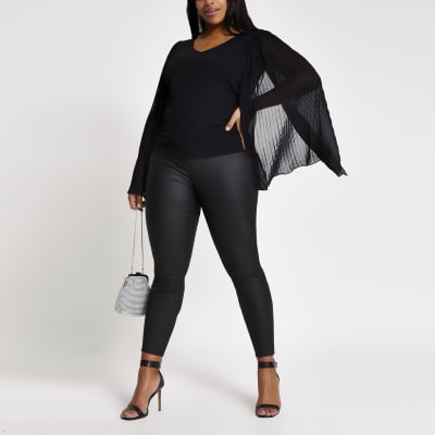 Plus black pleated sleeve V neck top