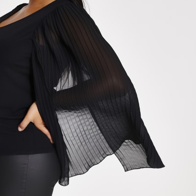 Plus black pleated sleeve V neck top