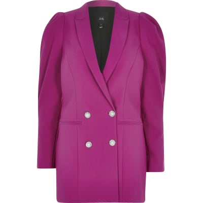 Pink puff sleeve double breasted blazer