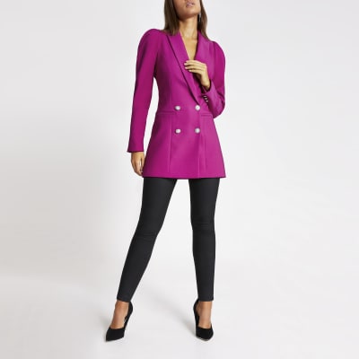 Pink puff sleeve double breasted blazer
