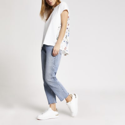 White floral woven back loose fit T-shirt