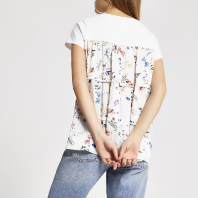White floral woven back loose fit T-shirt