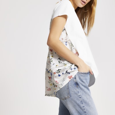 White floral woven back loose fit T-shirt
