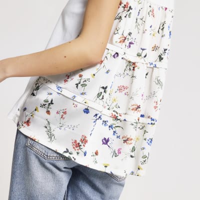 White floral woven back loose fit T-shirt