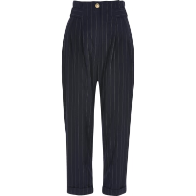 Navy pinstripe buckle peg leg trousers
