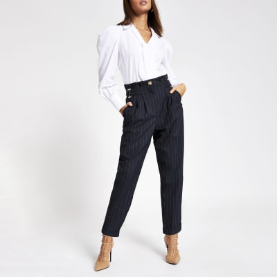 Navy pinstripe buckle peg leg trousers