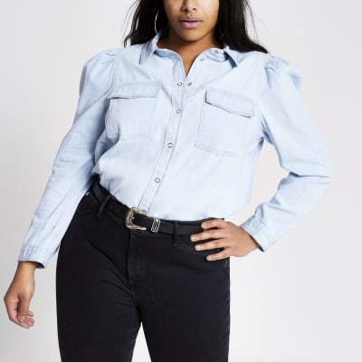 Plus blue long puff sleeve denim shirt