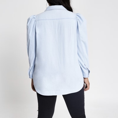 Plus blue long puff sleeve denim shirt