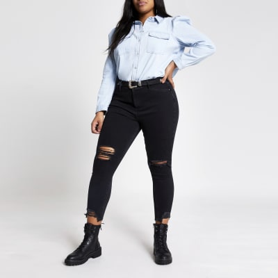 Plus blue long puff sleeve denim shirt