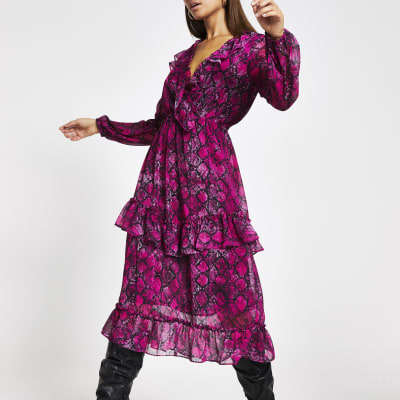 pink snake print midi dress