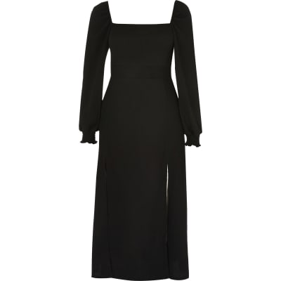 Black long sleeve shirred waist midi dress