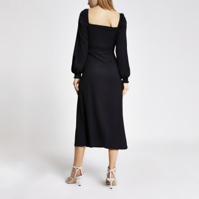 Black long sleeve shirred waist midi dress