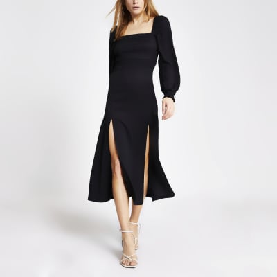 Black long sleeve shirred waist midi dress