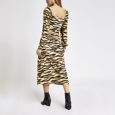Beige animal printed shirred waist midi dress
