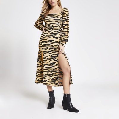 Beige animal printed shirred waist midi dress