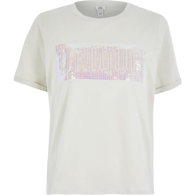 Beige 'Unique' sequin embossed T-shirt