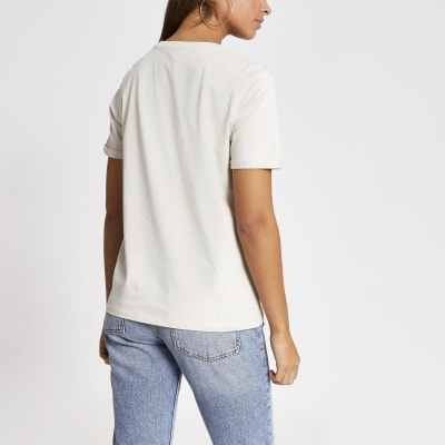 Beige 'Unique' sequin embossed T-shirt