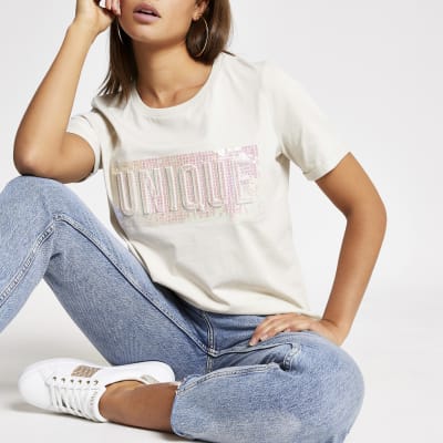 Beige 'Unique' sequin embossed T-shirt