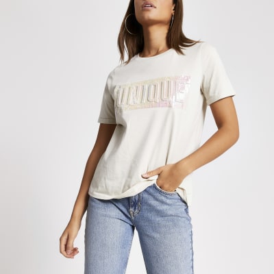 Beige 'Unique' sequin embossed T-shirt