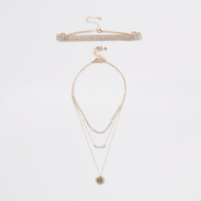 Roségoudkleurige gelaagde ketting met siersteentjes set van 4