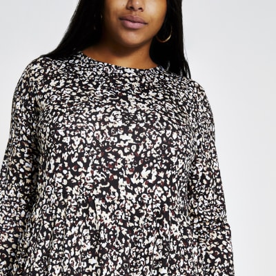 Plus beige leopard print midi smock dress