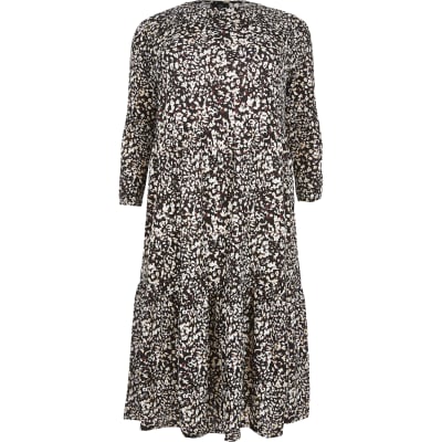 Plus beige leopard print midi smock dress