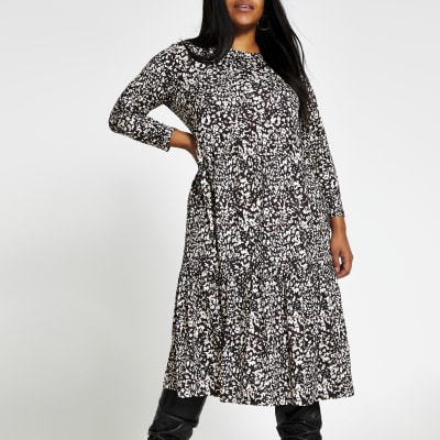 Plus beige leopard print midi smock dress