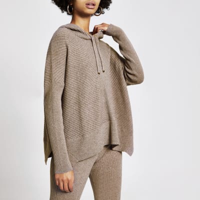 Sweat à capuche marron en maille côtelée à manches longues 