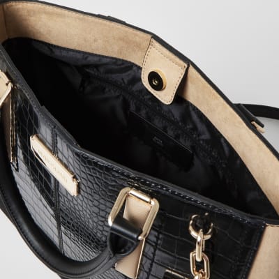 Black croc embossed T-bar charm tote bag