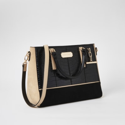 Black croc embossed T-bar charm tote bag