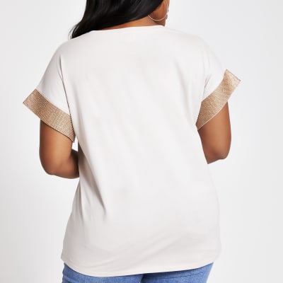 Plus beige embellished sleeve T-shirt