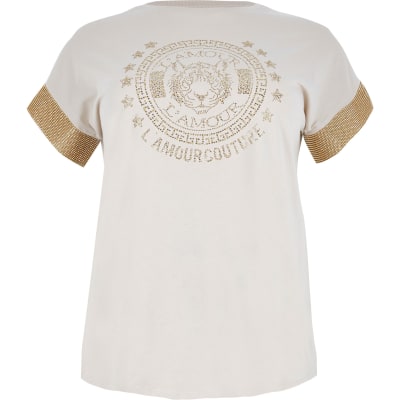 Plus beige embellished sleeve T-shirt