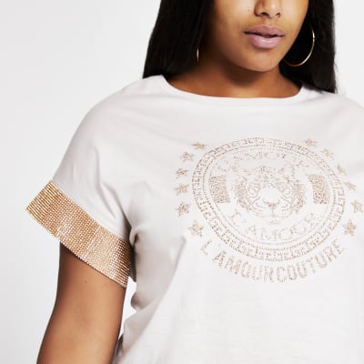 Plus beige embellished sleeve T-shirt