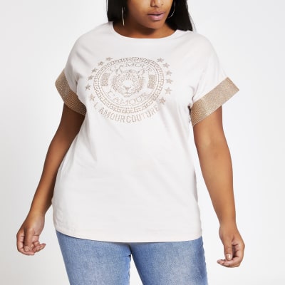 Plus beige embellished sleeve T-shirt