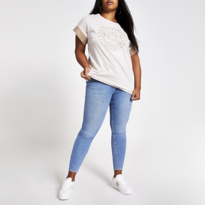 Plus beige embellished sleeve T-shirt