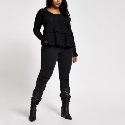 Plus black stitched frill smock blouse