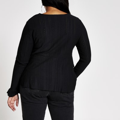 Plus black stitched frill smock blouse