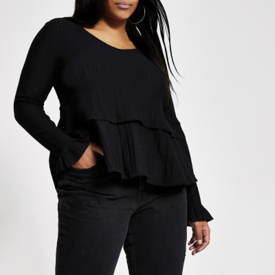 Plus black stitched frill smock blouse