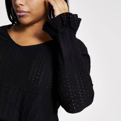 Plus black stitched frill smock blouse