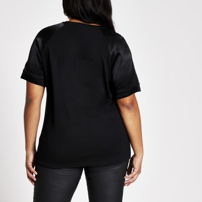 Plus black lace satin sleeve T-shirt