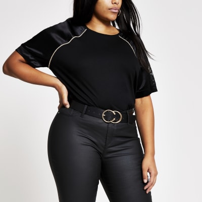 Plus black lace satin sleeve T-shirt