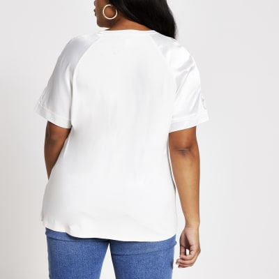 Plus cream lace satin sleeve T-shirt