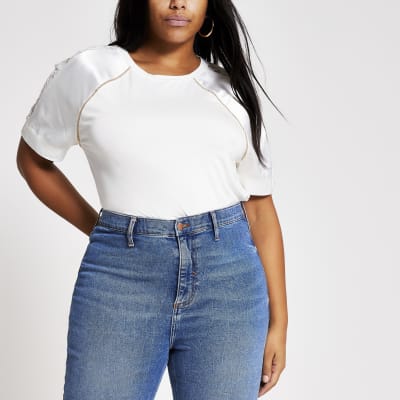Plus cream lace satin sleeve T-shirt