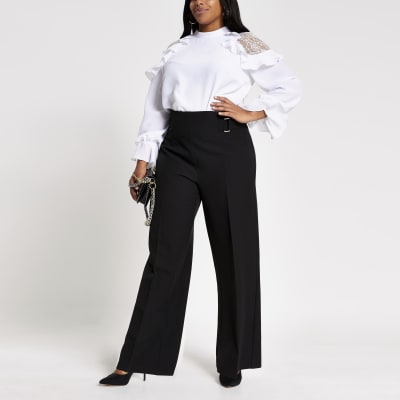 Plus black buckle side wide leg trousers