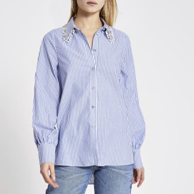 Blue stripe embellished collar shirt